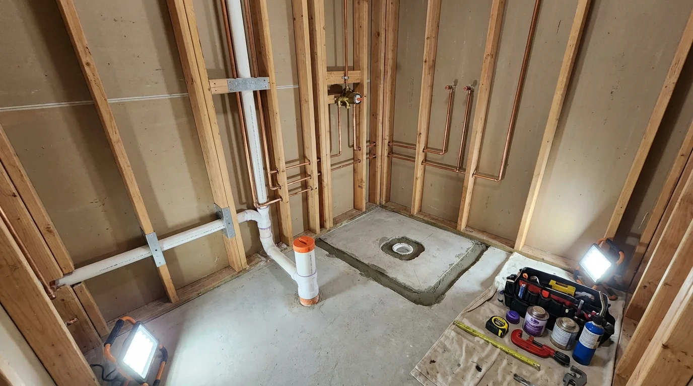 Bathroom rough-in plumbing during remodel by Johns Plumbing LLC in Convent