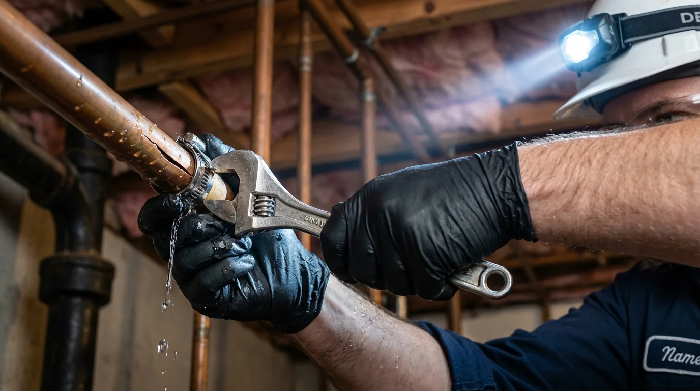 Emergency pipe clamp repair being performed by a Johns Plumbing LLC plumber in Convent