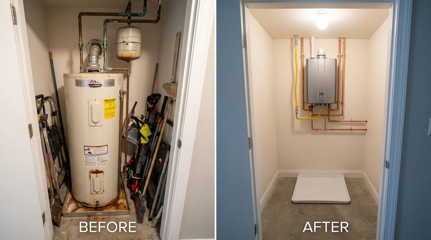 Tank water heater versus wall-mounted tankless unit comparison for Convent, LA homeowners