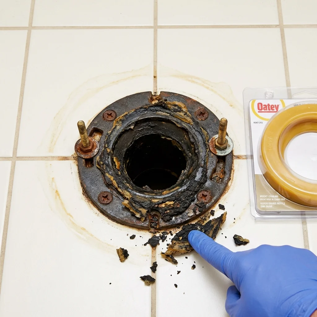 Failed wax ring showing water seepage at the base of a toilet in a Convent, LA home