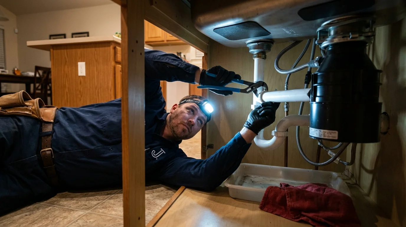 P-trap and supply line connections under a kitchen sink showing a common leak point in Convent, LA